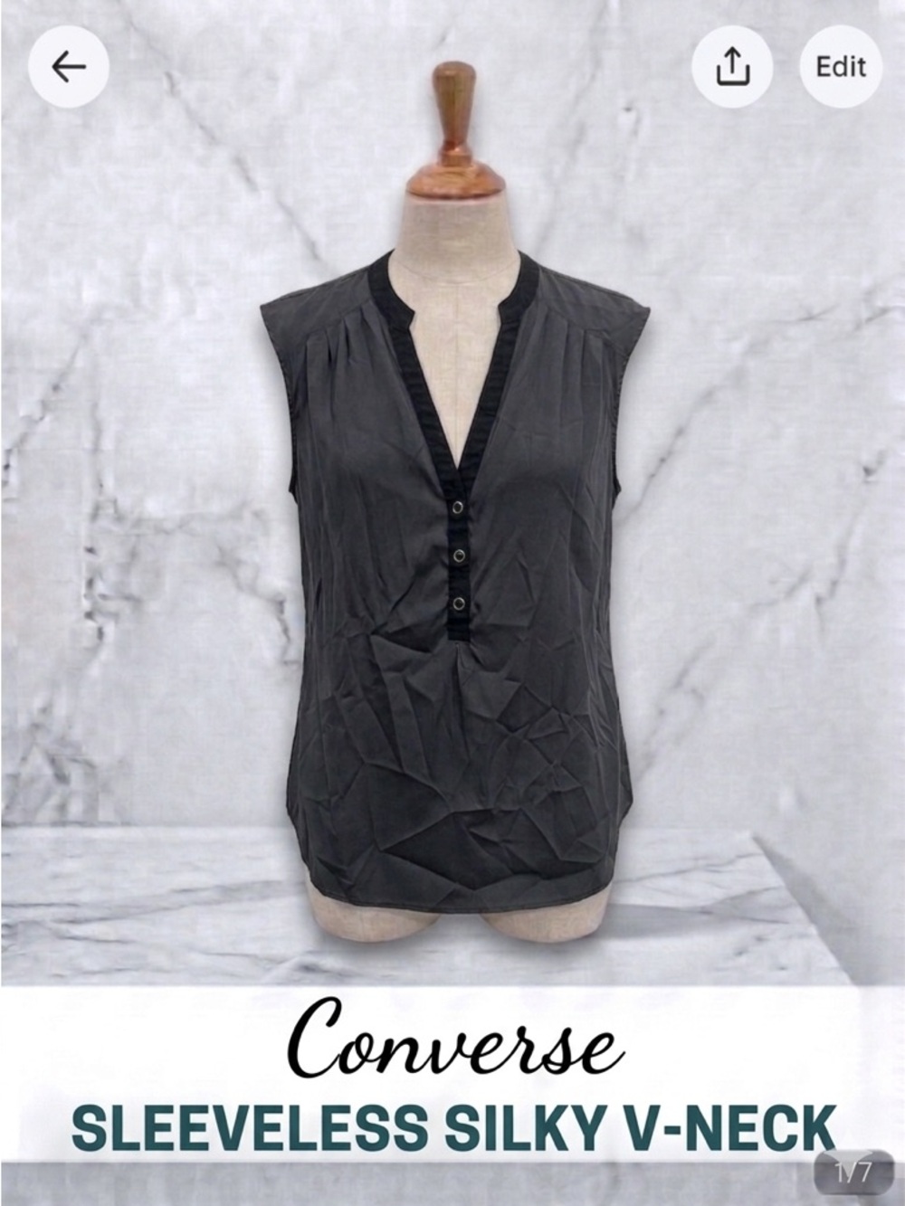 Converse One Star Black Sleeveless V-Neck Button Placket Top Size M